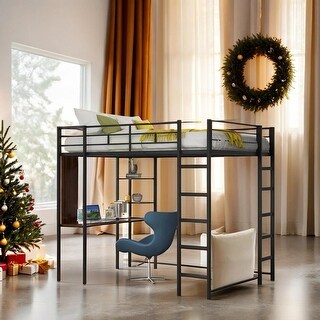Full Size Metal Loft Bed with 2 Shelves and one Desk,Space-Saving Design Sturdy Metal Loft Bed,Black