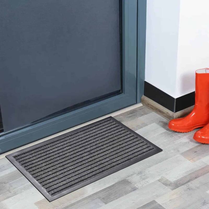 Durable Gray and Black Striped Front Door Mat 24x16 Indoor/Outdoor