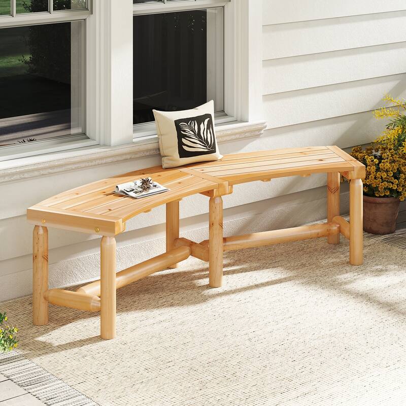 Curved Solid Wood Outdoor Bench for 2 to 3 People Pine and Fir Patio Loveseat - 67" x 23" x 18"