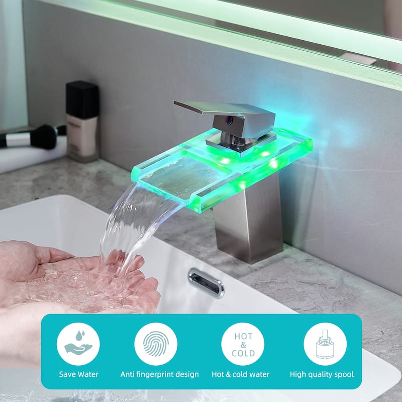 Bathroom Sink Faucet LED Light Changing Waterfall Glass Spout Mixer Single Handle One Hole Deck Mounted Bathroom Faucet