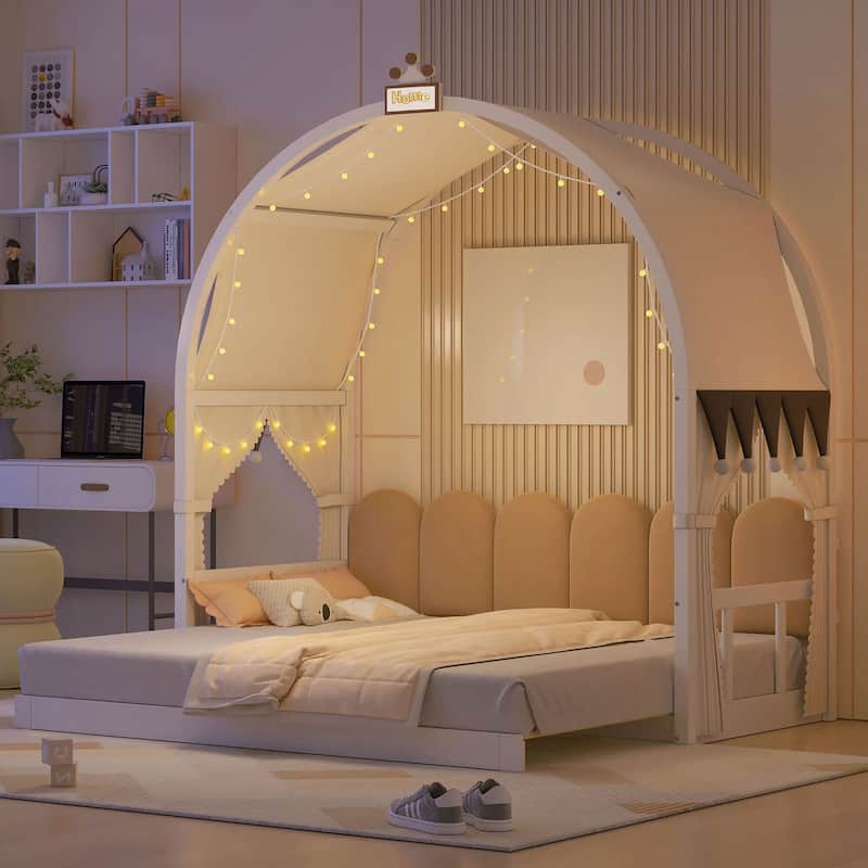 Wood Twin Size Bed Frame with Arched Roof, Floor Bed with Light and Curtain, Pull-out Kids Bed for Girls Boys Bedroom