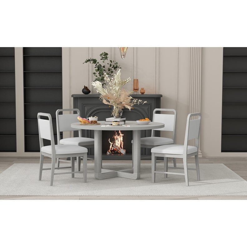 5-Piece Round Dining Table Set for 4 with Upholstered Chairs, Wood Dining Table Set with Radial Wood Grain Design Top