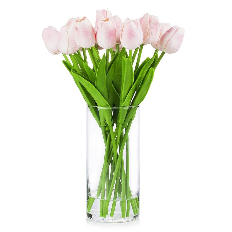 Enova Home Artificial Real Touch Tulips Fake Silk Flowers Arrangement in Clear Glass Vase with Faux Water for Home Decoration - Pink
