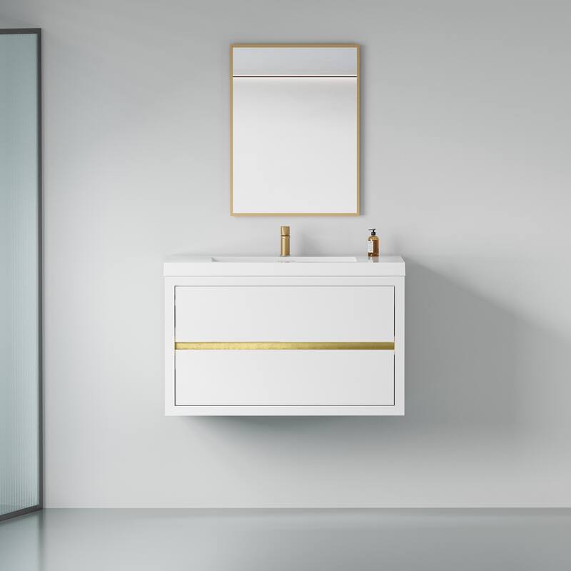 GDFStudio - Maxwell Floating Bathroom Vanity with Stone Resin Countertop & Soft-Close Drawers - 36" - Glossy White