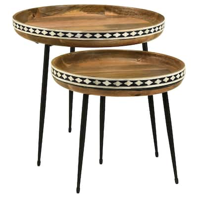 2 Piece Nesting Tables with Inlaid Bone Detail Design, Mango Wood, Brown