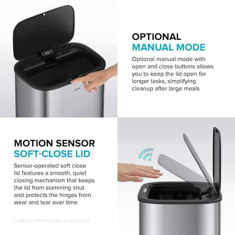 KRAUS WasteGuard 14.5 Gal 55 Liter Motion Sensor Kitchen Trash Can