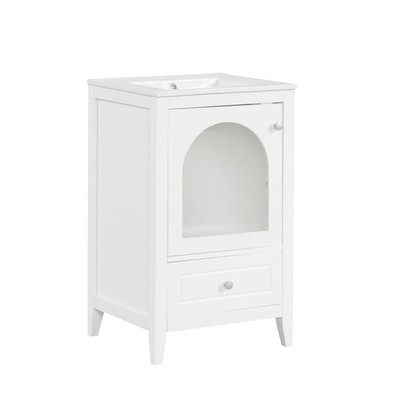 Bathroom Vanity with Ceramic Sink, Single Basin Vanity Set with Door and Drawer, Bathroom Cabinet with Soft Closing Glass Door