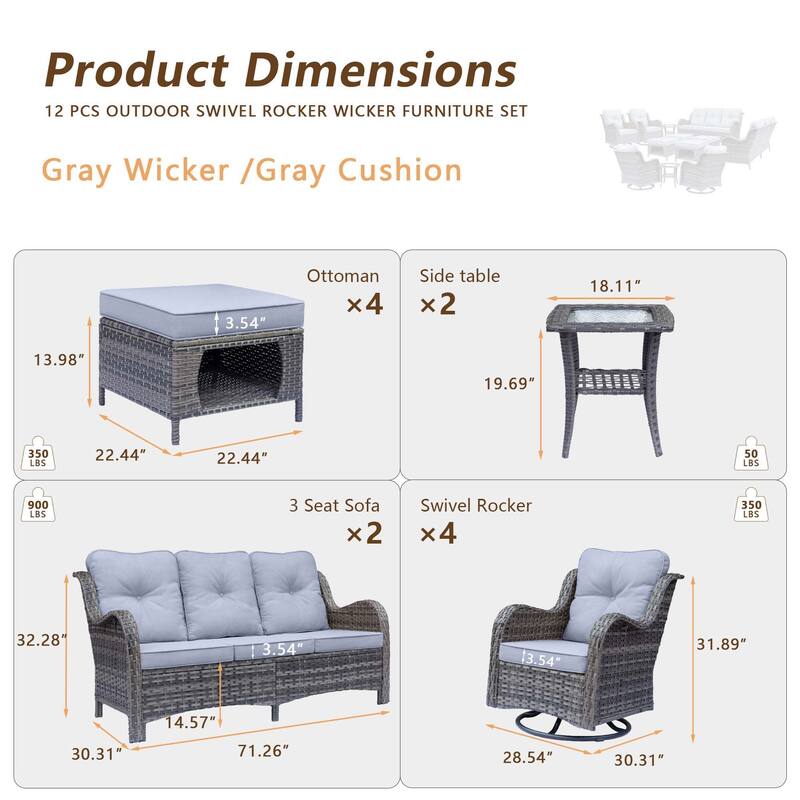 Gray Wicker 12-piece Outdoor Patio Conversation Sets with Swivel Chair