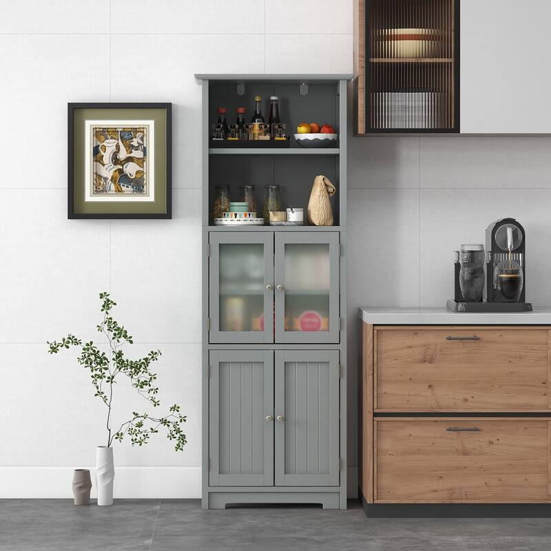 Gymax Bathroom Tall Storage Cabinet Linen Tower w/ Glass Door &