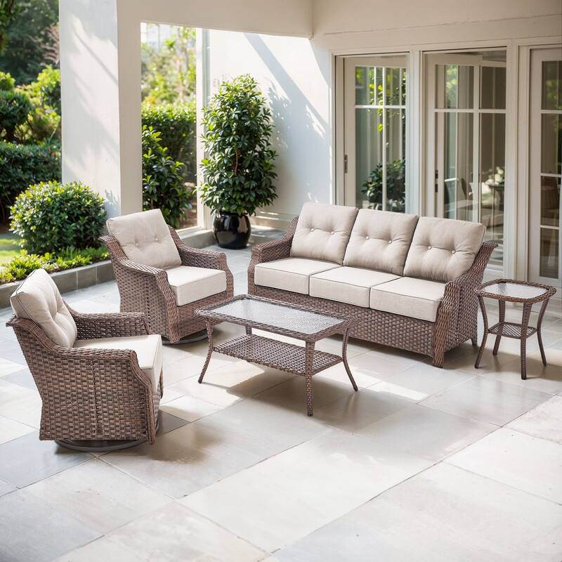 Artisan Patio Brown Wicker Sofa Conversation Set with 6-Inch Thick Cushions - Beige - 5-Piece