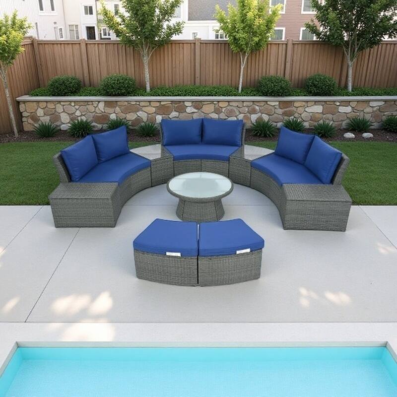 10-Piece Patio Sectional Curved Outdoor Rattan Sofa Set with Cushions, Storage Boxes, Ottomans, Tables and Glass Top - Blue