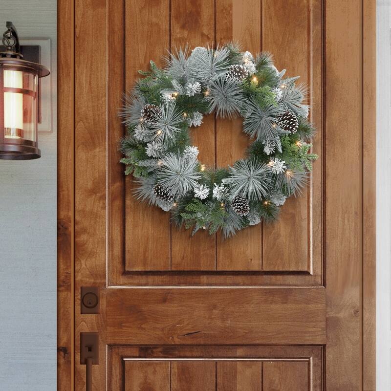 Pre-Lit Flocked Mixed Pine and Pine Cone Artificial Christmas Wreath - 24" - Warm White