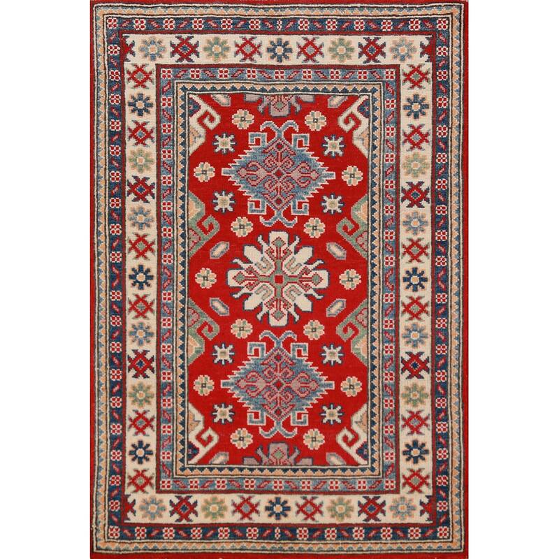 Traditional Kazak Oriental Rug Hand-Knotted Geometric Wool Carpet - 2'8"x 4'0"