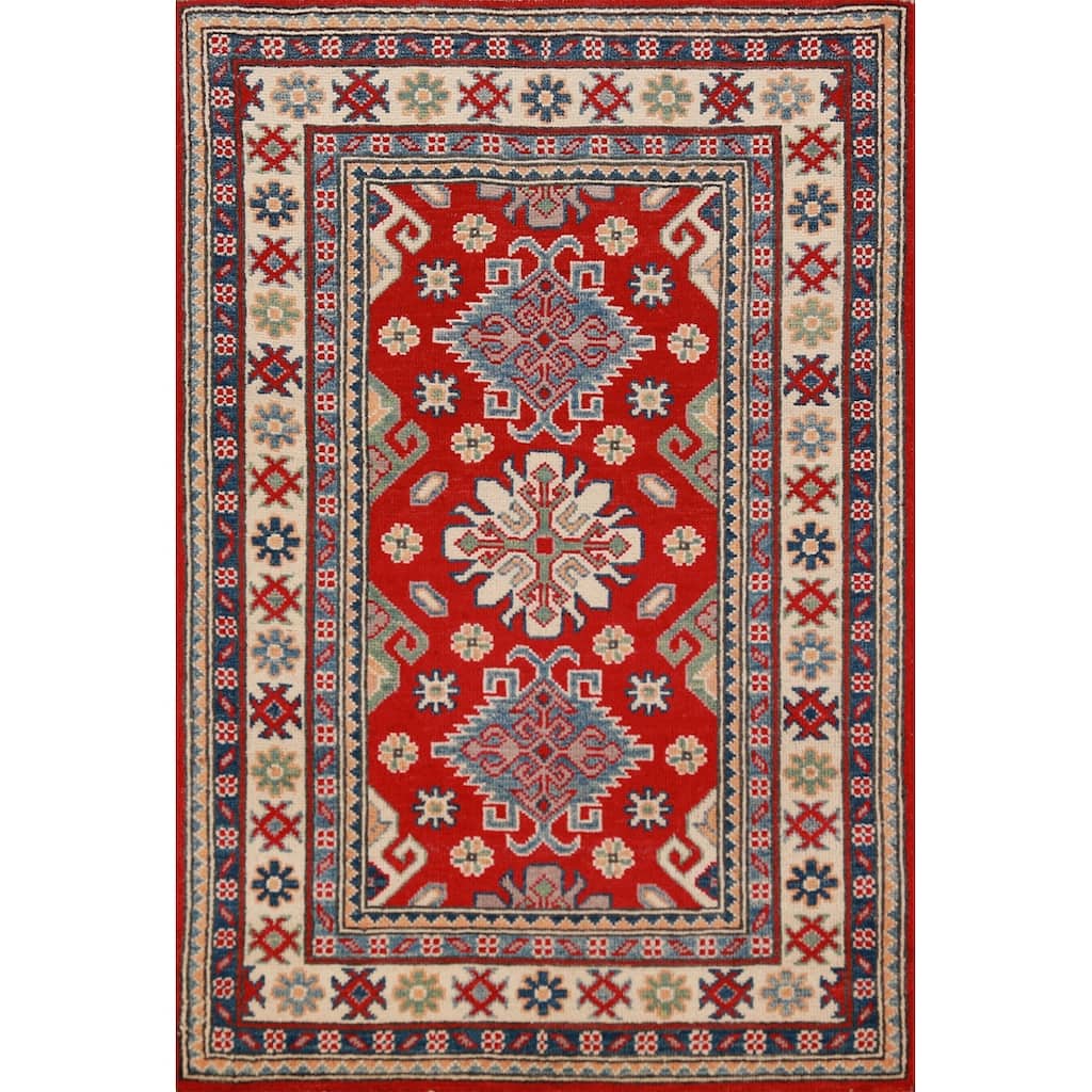 Traditional Kazak Oriental Rug Hand-Knotted Geometric Wool Carpet - 2'8"x 4'0"