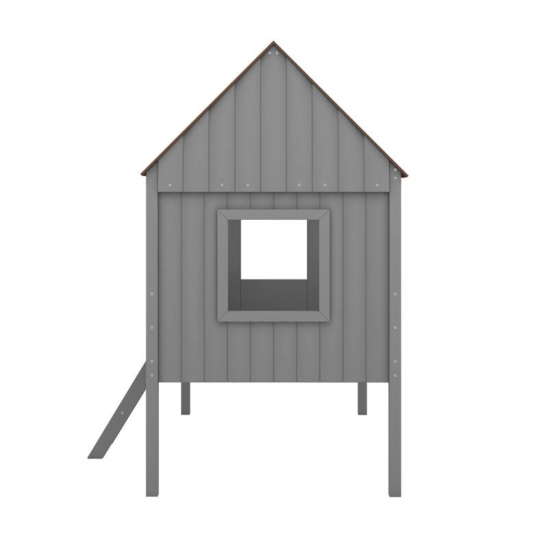Low Loft Wood House Bed with 2 Side Windows