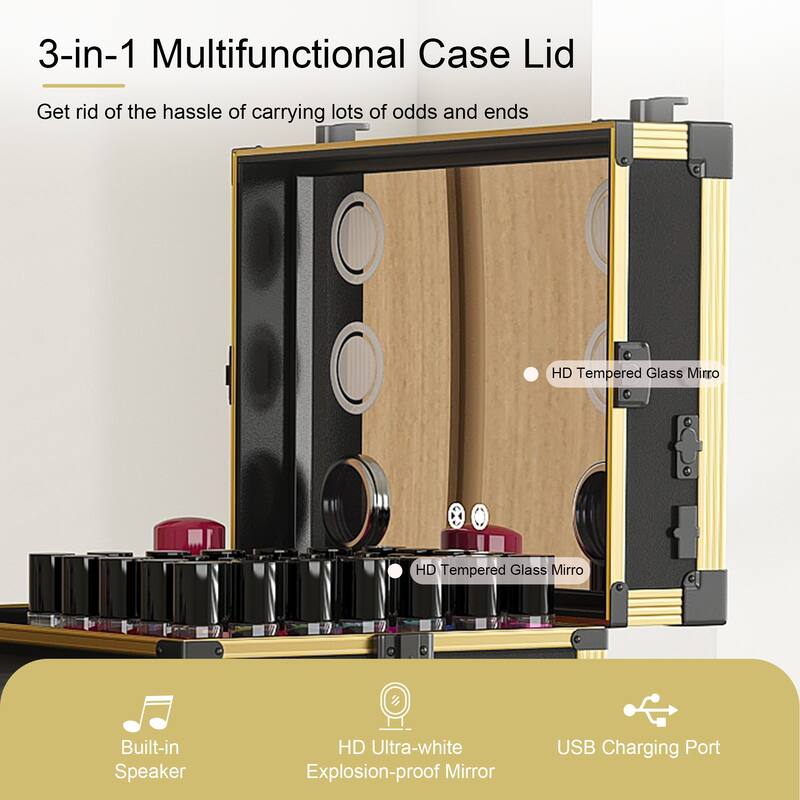 Portable Nail Art Table w/ LED Mirror, Bluetooth, Lockable Drawers, Telescopic Pole - Folding Manicure Station for Salons