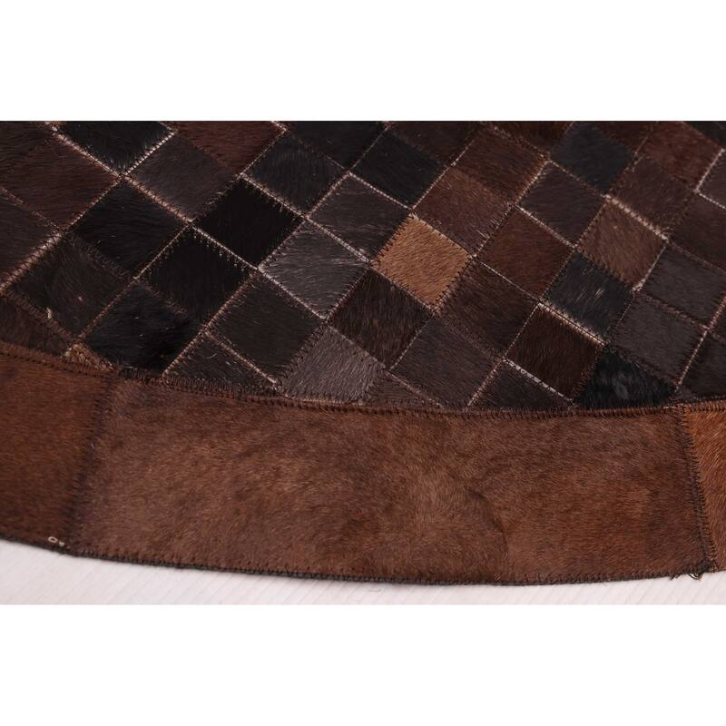 ECARPETGALLERY Handmade Cowhide Patchwork Dark Brown Leather Rug - 7' x 7'