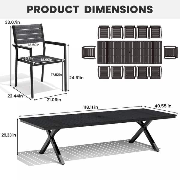 dimension image slide 3 of 4, 11/13-Piece Outdoor All-Weather Patio Dining Set Aluminum Rectangular Table with Umbrella Hole and Stackable Chairs