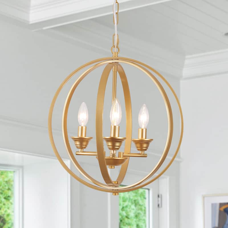 3 - Light Industrial Metal Orb Hanging Chandelier with Adjustable Chain - Spray Gold