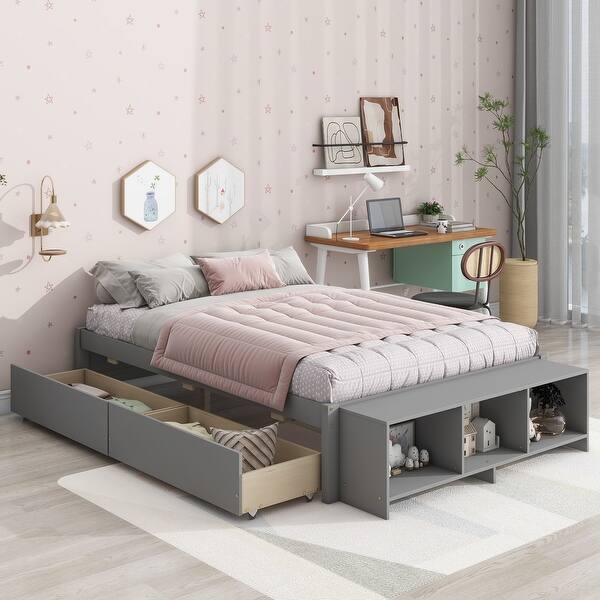slide 2 of 7, Full Size Bed with 2 drawers and storage shelves Grey - Full