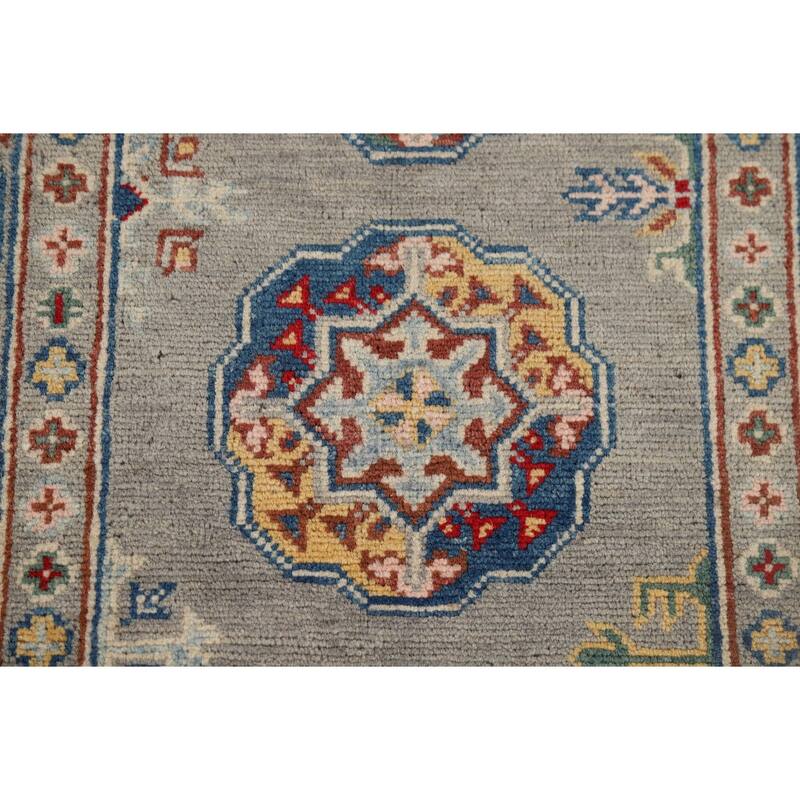 Gray Geometric Kazak Oriental Runner Rug Hand-Knotted Wool Carpet - 2'9" x 10'0"