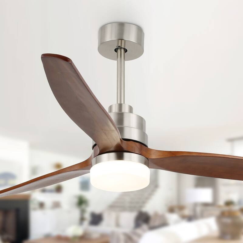 CurveCurio 52'' Indoor Classical LED Sliver Ceiling fan with LED light and Remote, DC Motor, 3 Wood Blades - 52 inches - Chrome & Brown 