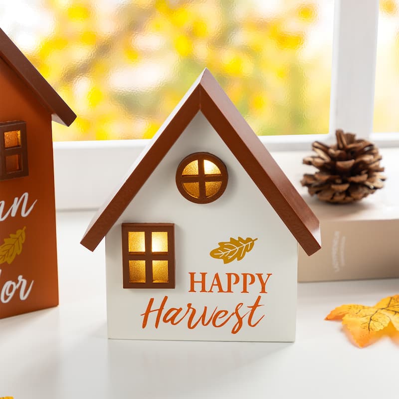 Glitzhome 8"H Set of 2 Lighted Fall Wooden House-shaped Table Decor