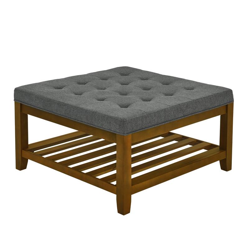 Upholstered Coffee Table Tufted Linen Large Square Ottoman with Beech Wood Shelf and Frame, Oversized Footrest Ottoman - Dark Gray