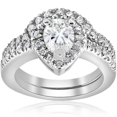 1 1/4ct Pear Shape Lab Grown Diamond Halo Wedding Engagement Set White Gold