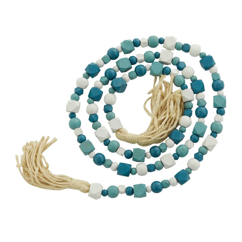 Bohemian Natural Wood Bead Garland with Cotton Tassels - 80 x 1 - Blue and White - Mixed Bead