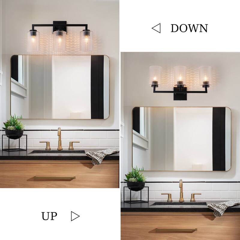 3/4-Light Modern Black Wall Sconce Bathroom Vanity Light with Grid Glass Shades