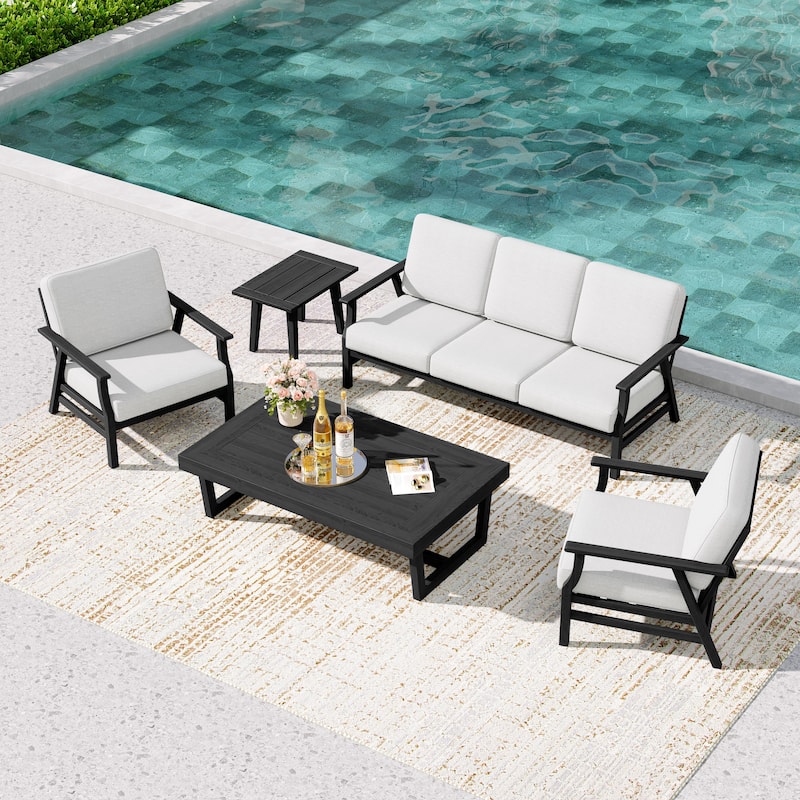 5-Piece Teak Outdoor Conversation Set with Tables. - 5-seat - Beige/Black Wood