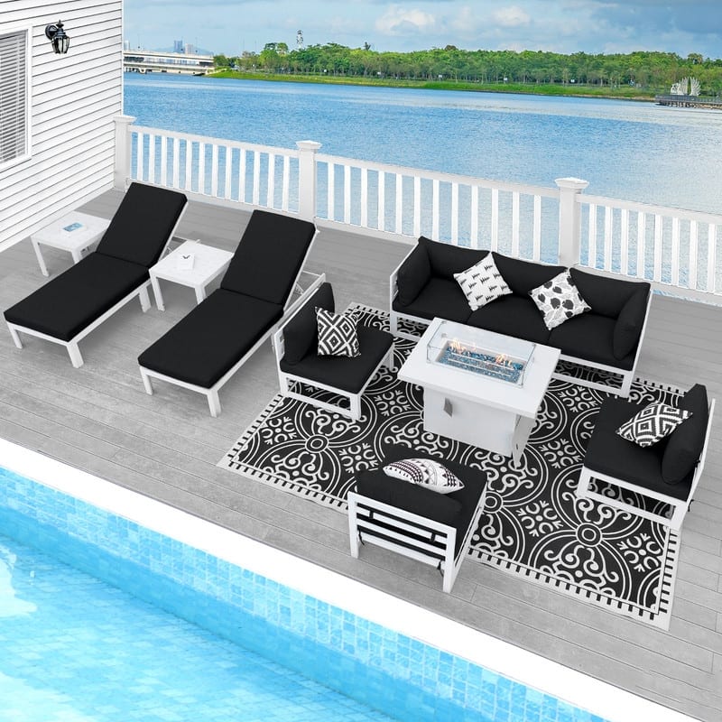 FINCATI 11-piece Oversized Patio Aluminum Sectional Deep Seating Conversation Sofa Set with Lounge Chaises - Black