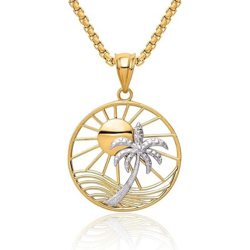 Curata 14k Two Tone Gold 18" Sun and Palm Tree Pendant Necklace - 20x22mm
