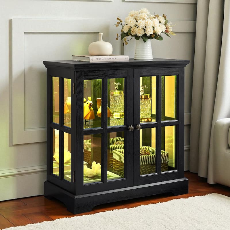 LED Lighted Curio Display Cabinet with Adjustable Shelves, Retro Glass Showcase and Lattice Doors