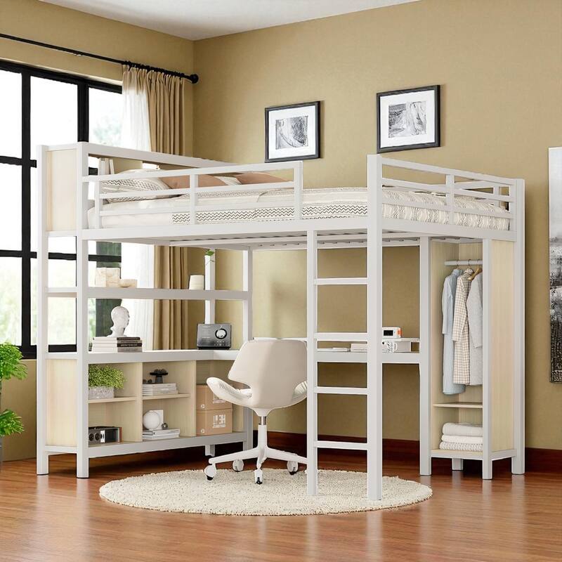 Queen Metal Loft Bed with L-Shaped Desk, Wardrobe, Shelves, Heavy-Duty Frame for Teens Adults - White - Queen