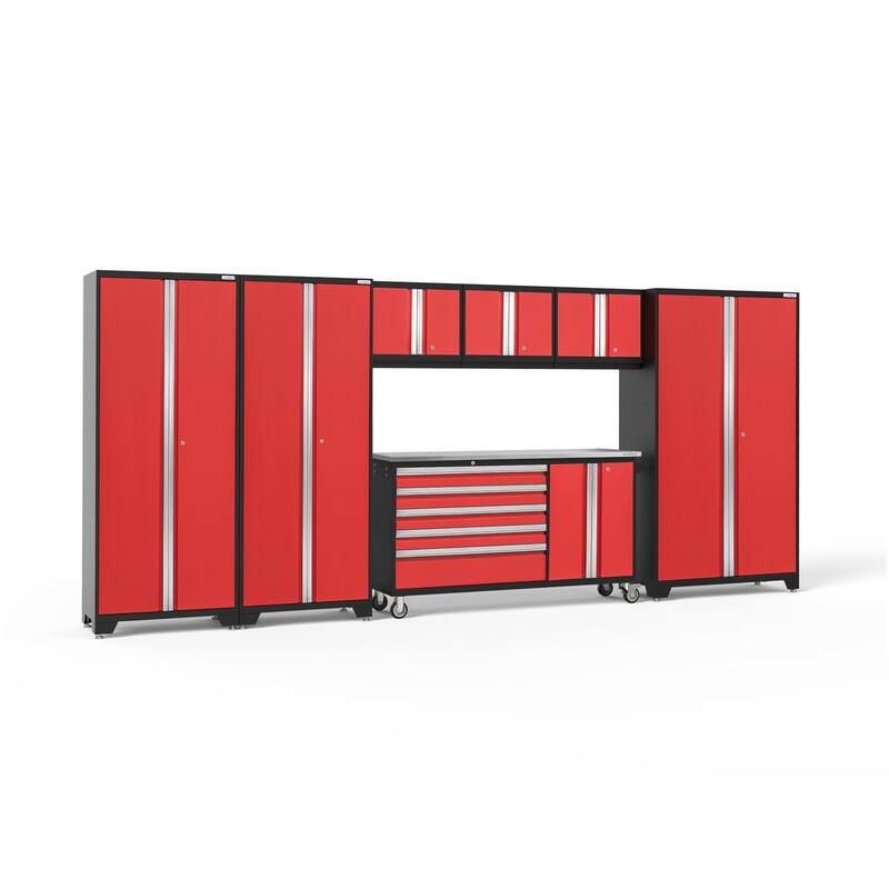 NewAge Products Bold 174" W x 18" D 7 Piece Garage Cabinet Set - Stainless Steel Worktop / No Slatwall - Red