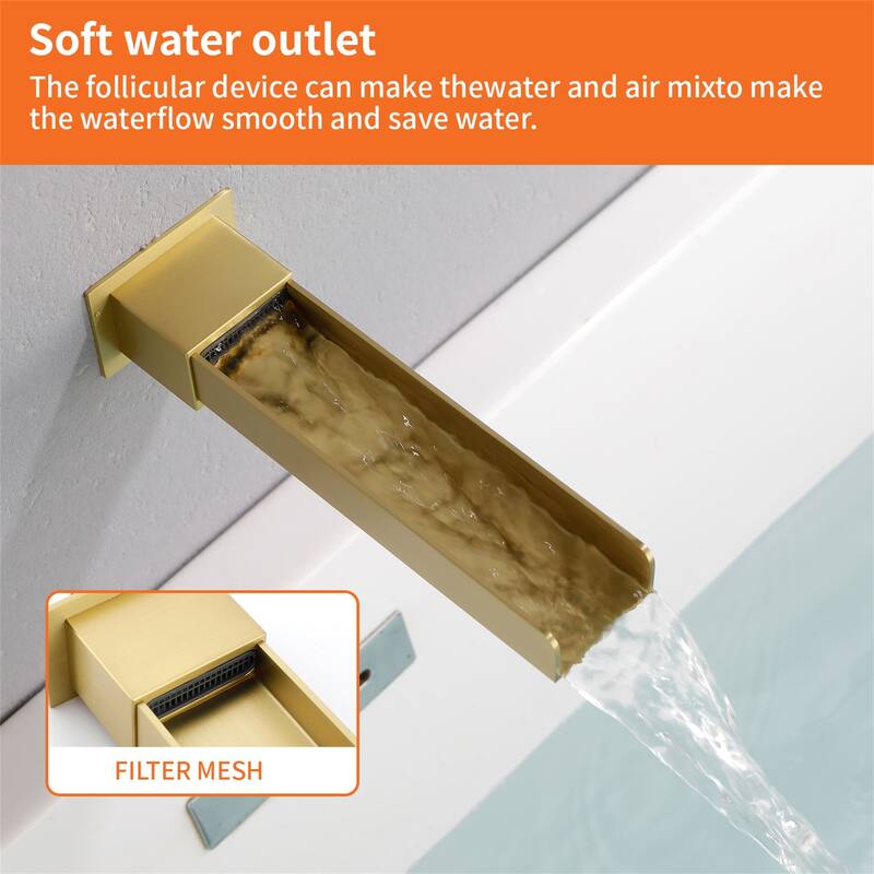 Wall Mounted Tub Faucet Waterfall Modern Double Holes Bath Tub Spout with Single Handle Tub Fillers with Pressure Balance Valve