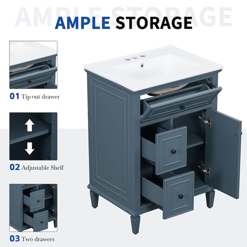 24" Bathroom Vanity with Sink Bathroom Storage Cabinet with One Flip Drawer and Two Drawers, Adjustable Shelf