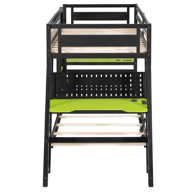 Twin Over Twin Gaming Bunk Bed with Dual Built-in Desks, USB Ports & Pegboard for Gamers