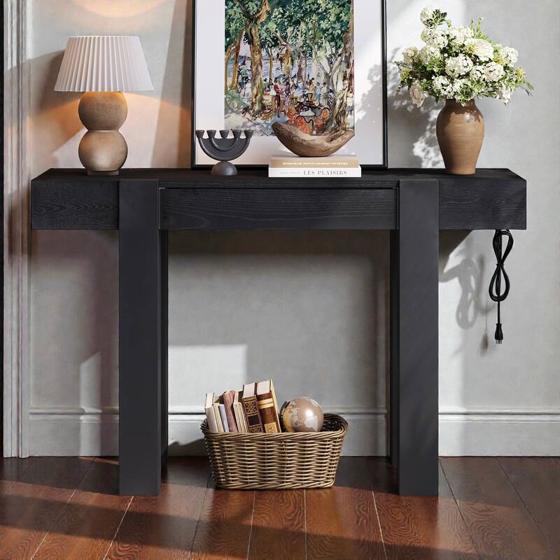 Rustic Minimalist Console Table with Hidden Drawer & Power Outlet, Solid Wood Entryway Table for Living Room & Home Office - Black