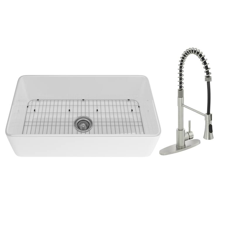Farmhouse/Apron-Front Single Bowl Fireclay Kitchen Sink with Two-Function Sprinkler Kitchen Faucet, Bottom Grid, and Strainer