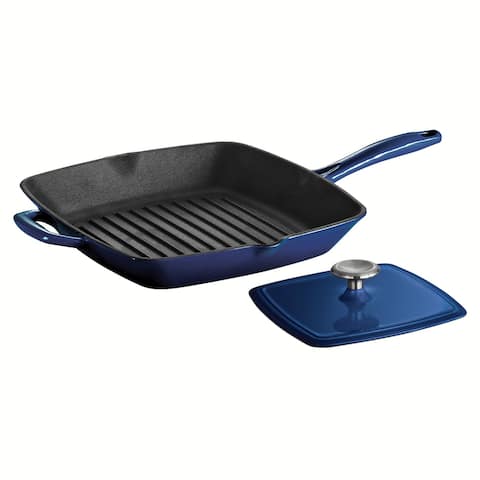 Tramontina 11 in Enameled Cast-Iron Series 1000 Grill Pan with Press - Gradated Cobalt