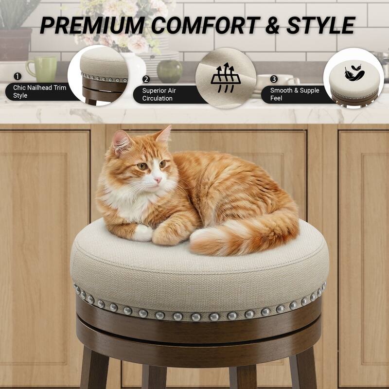 Swivel Counter Height Bar Stool with Upholstered Seat Solid Wood Frame