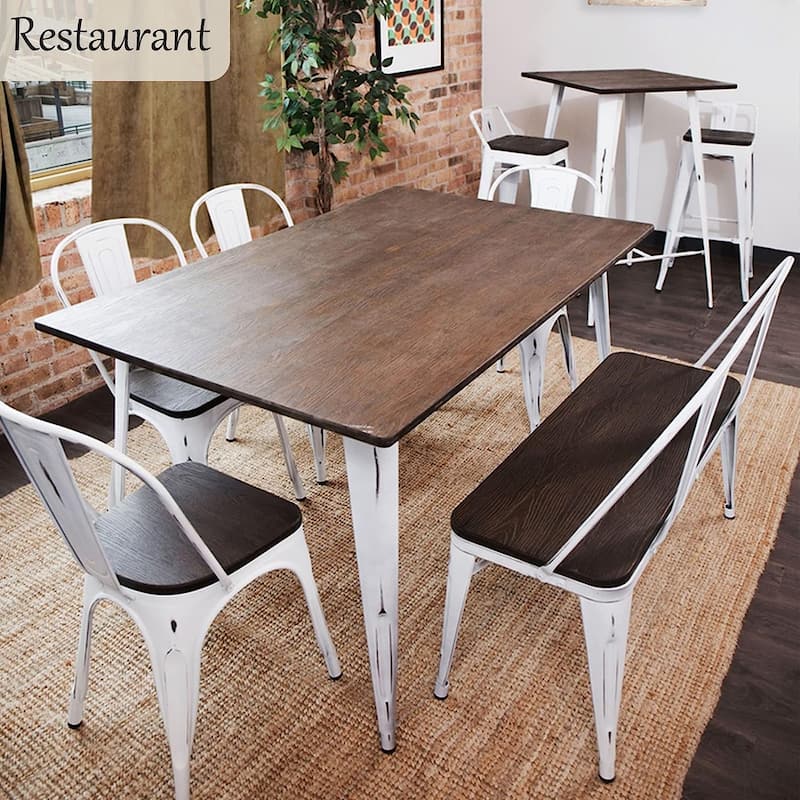 EROMMY 42in Metal Bench Industrial Mid-Century 3 Person Chair with Wood Seat, Dining Bench with Floor Protector - 42"