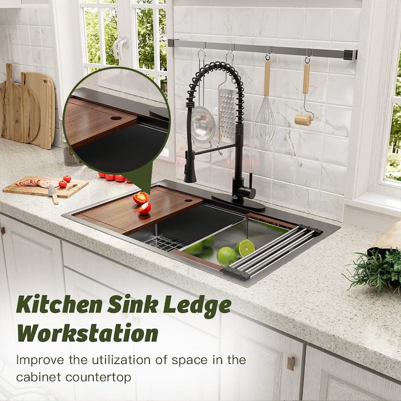 Drop-In Nano PVD Gunmetal Black Stainless Steel Workstation Kitchen Sink with Two-Function Kitchen Faucet and Accessories