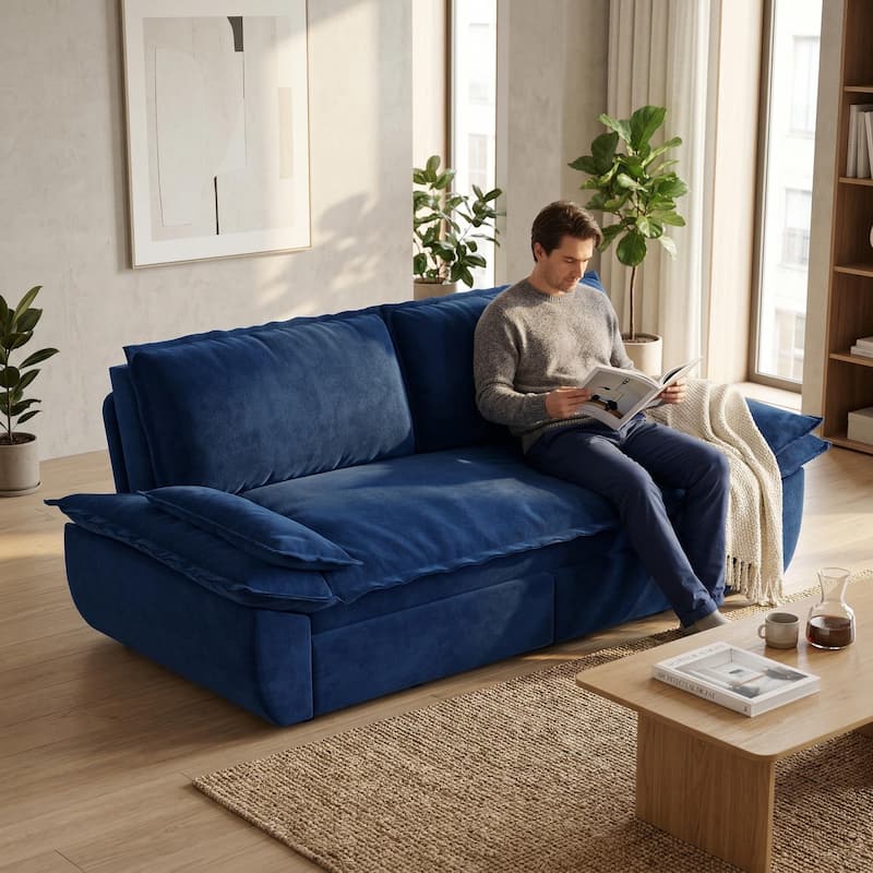 Homy Casa 72'' Queen Pull Out Sofa Bed, 3-in-1 Corduroy Sleeper Couch - Blue