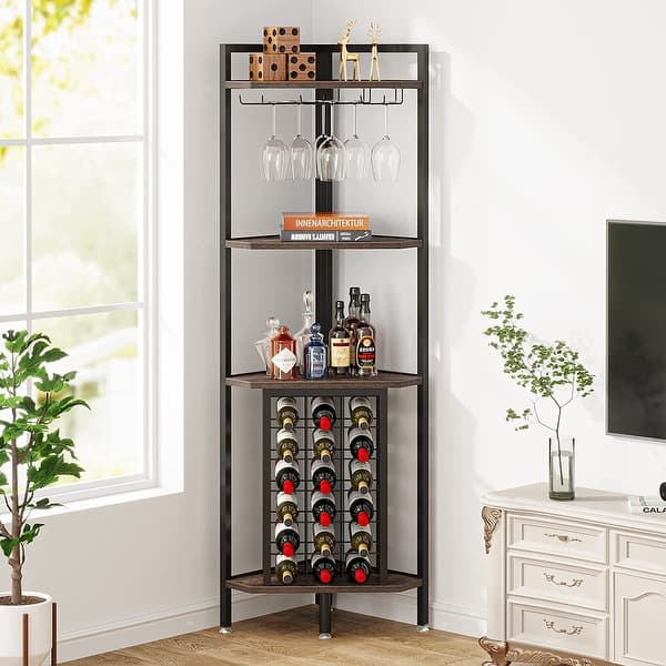 slide 2 of 15, Tribesigns Industrial Corner Wine Rack with Glass Holder and Storage shelf Rustic Brown