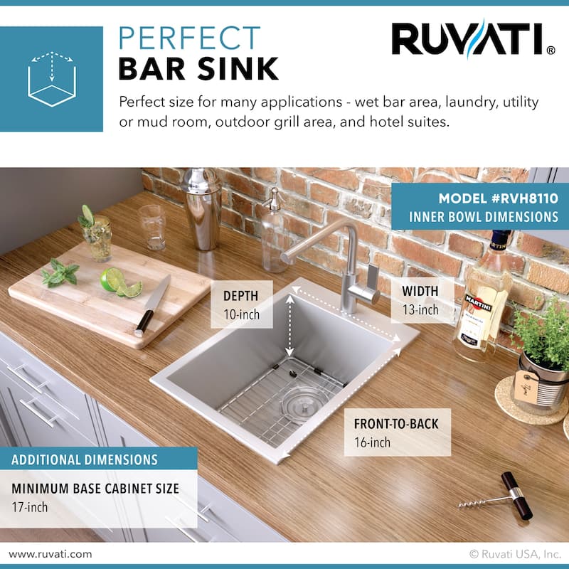 Ruvati 15 x 20 inch Drop-in Topmount Bar Prep Sink 16 Gauge Stainless Steel Single Bowl - RVH8110 - 13″ x 16″