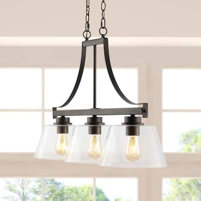 Caleb 36" 3-Light Industrial Farmhouse Iron/Glass Linear LED Pendant, Oil Rubbed Bronze/Clear by JONATHAN Y - 3 Light
